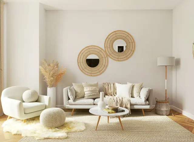 A living room repainted in a warm light neutral