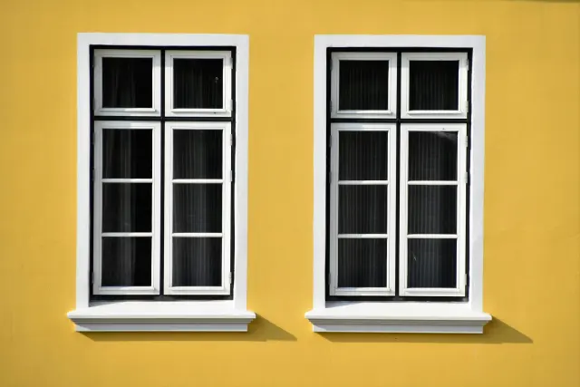 Two sash windows with freshly painted white trim